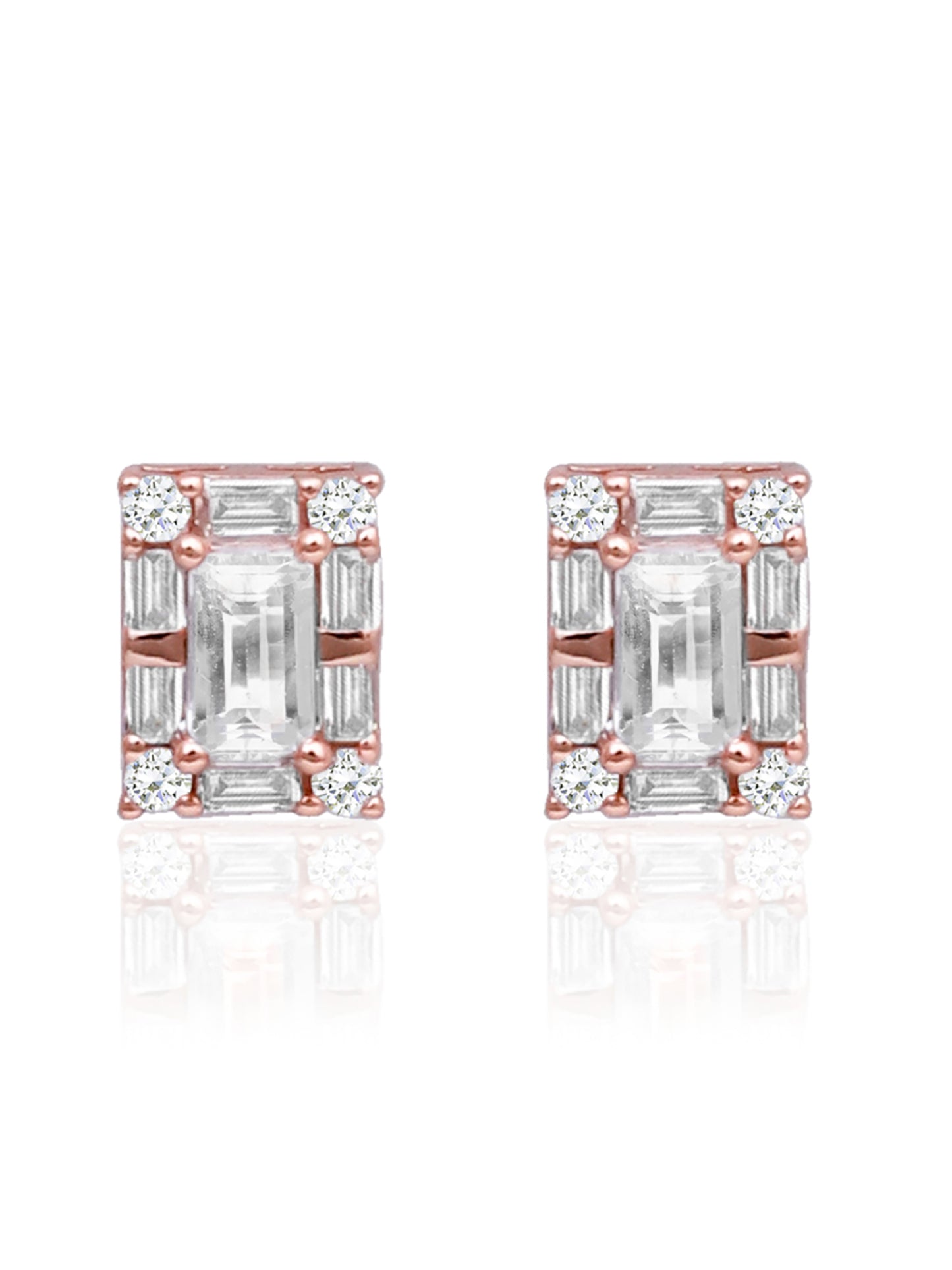 Rose Gold Baguette Rectangle Studs 925 Sterling Silver Earrings