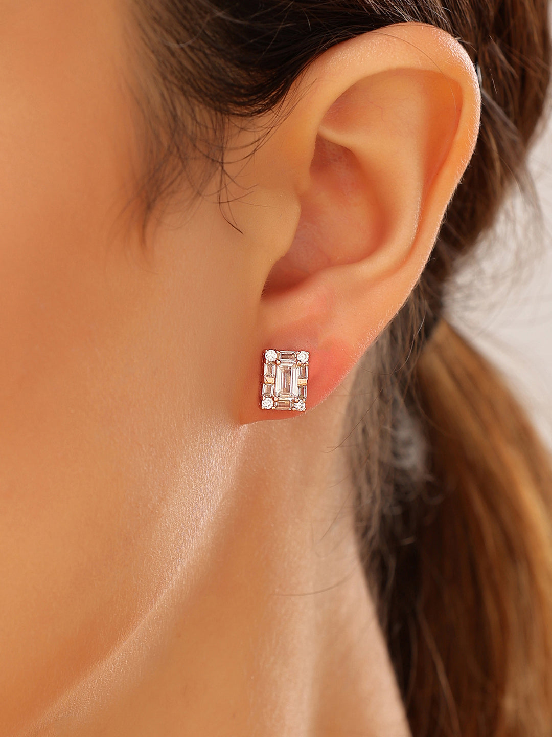 Rose Gold Baguette Rectangle Studs 925 Sterling Silver Earrings