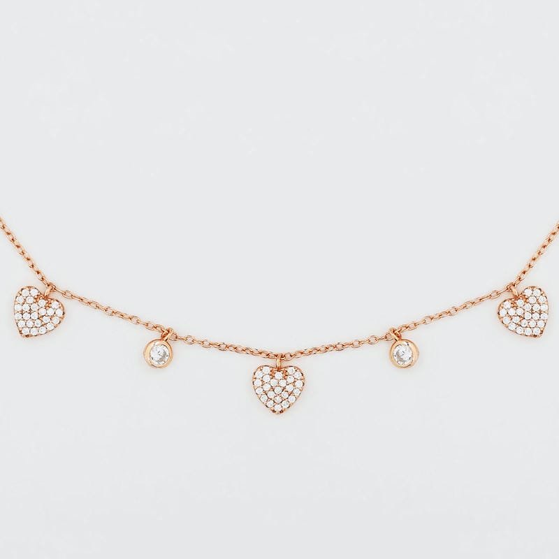 Silver Studded Three Heart Rose Gold 925 Sterling Silver Necklace