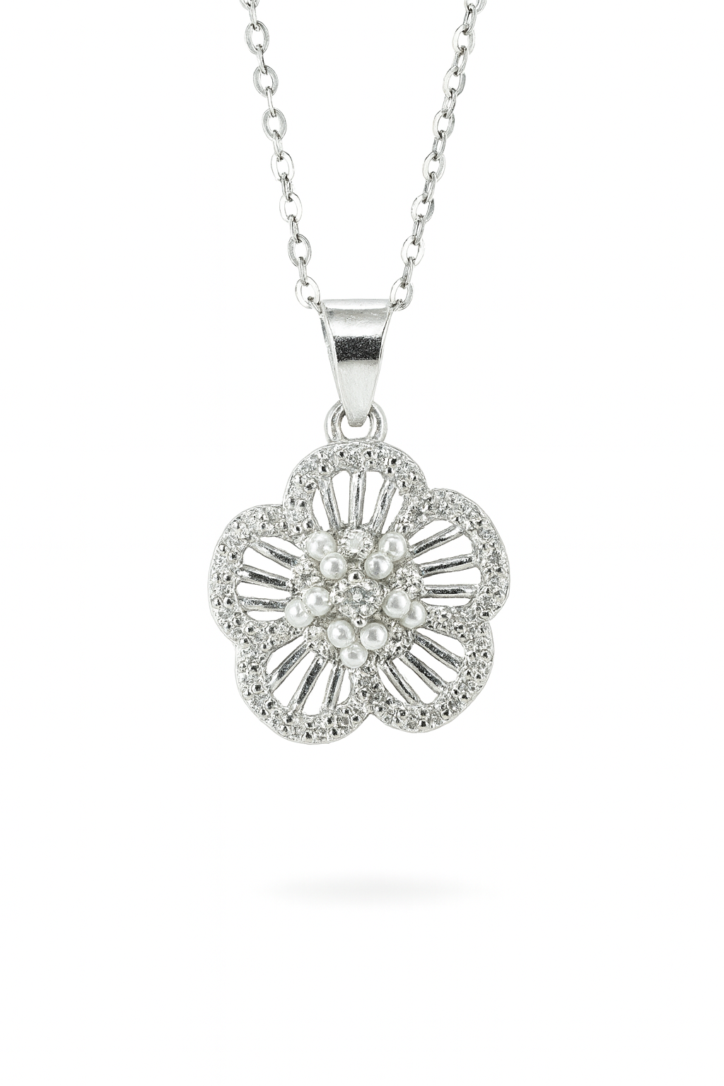 Radiant Blossom 925 Sterling Silver Floral Pendant with CZ Stones