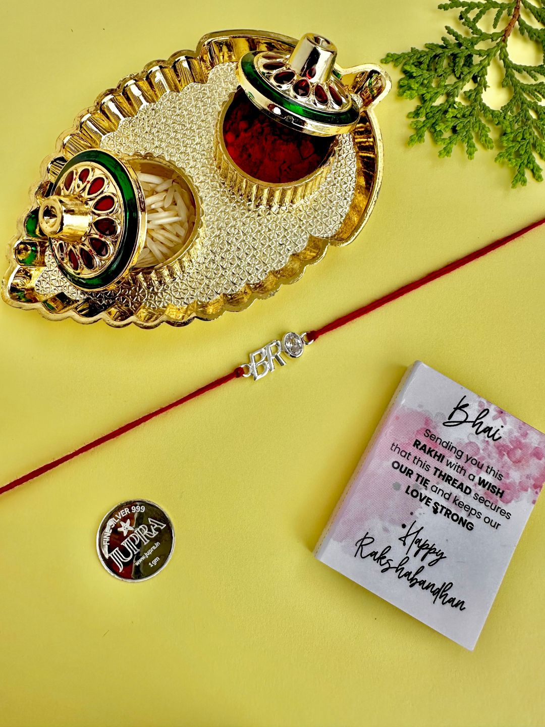 925 Sterling Silver Bro Brother Rakhi with silver coin, chocolate and roli chawal plate