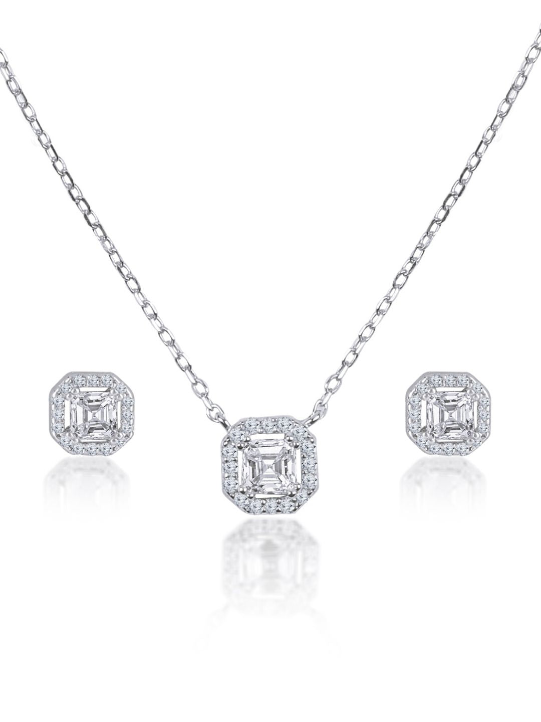 Silver Everyday Studded Solitare 925 Sterling Silver Necklace and Earring Set for women