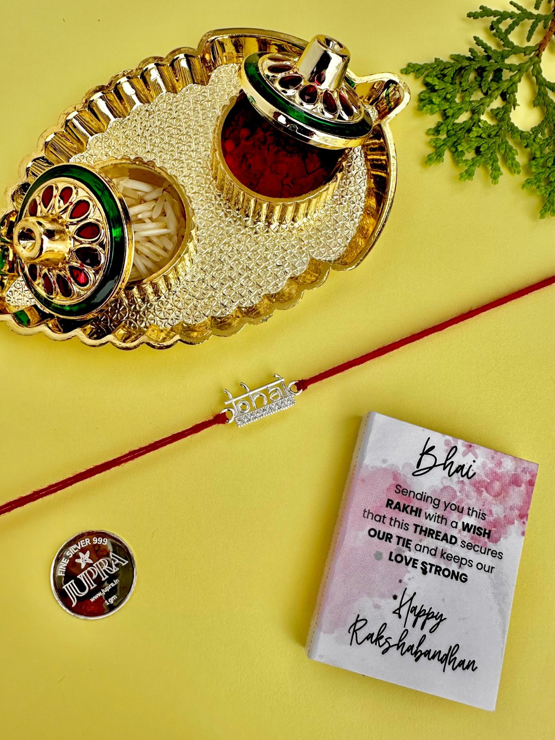 925 Sterling Silver Bhai Brother Rakhi with silver coin, chocolate and roli chawal plate