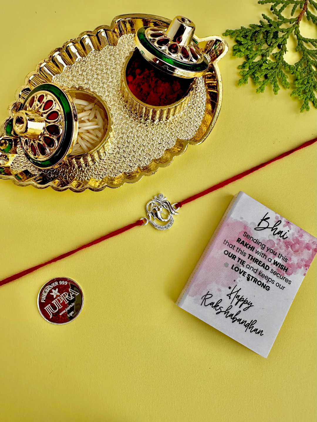 925 Sterling Silver Ganesh Rakhi with silver coin, chocolate and roli chawal plate