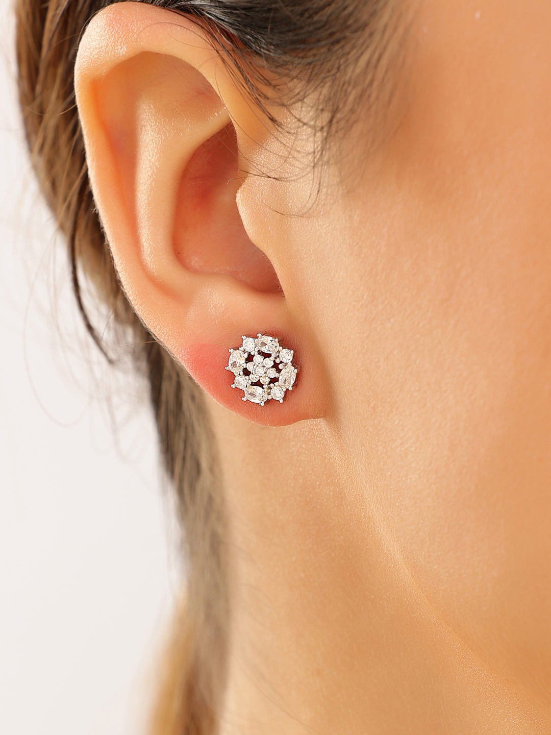 Silver Round Motif Floral 925 Sterling Silver Earrings