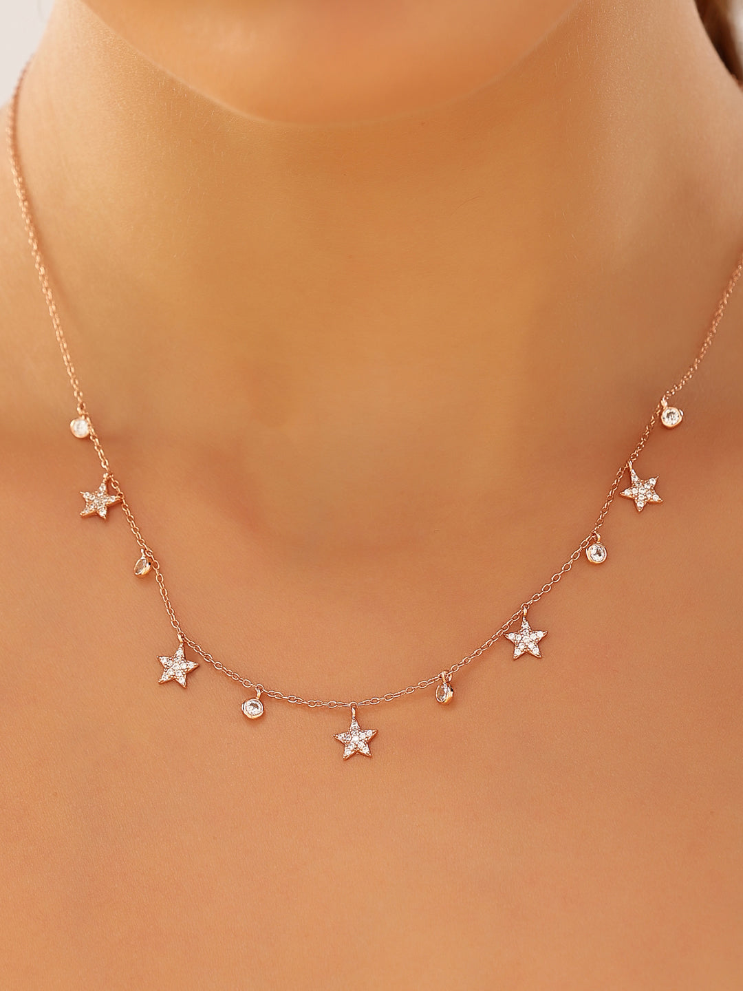 Rose Gold Studded Star Light Charm 925 Sterling Silver Necklace