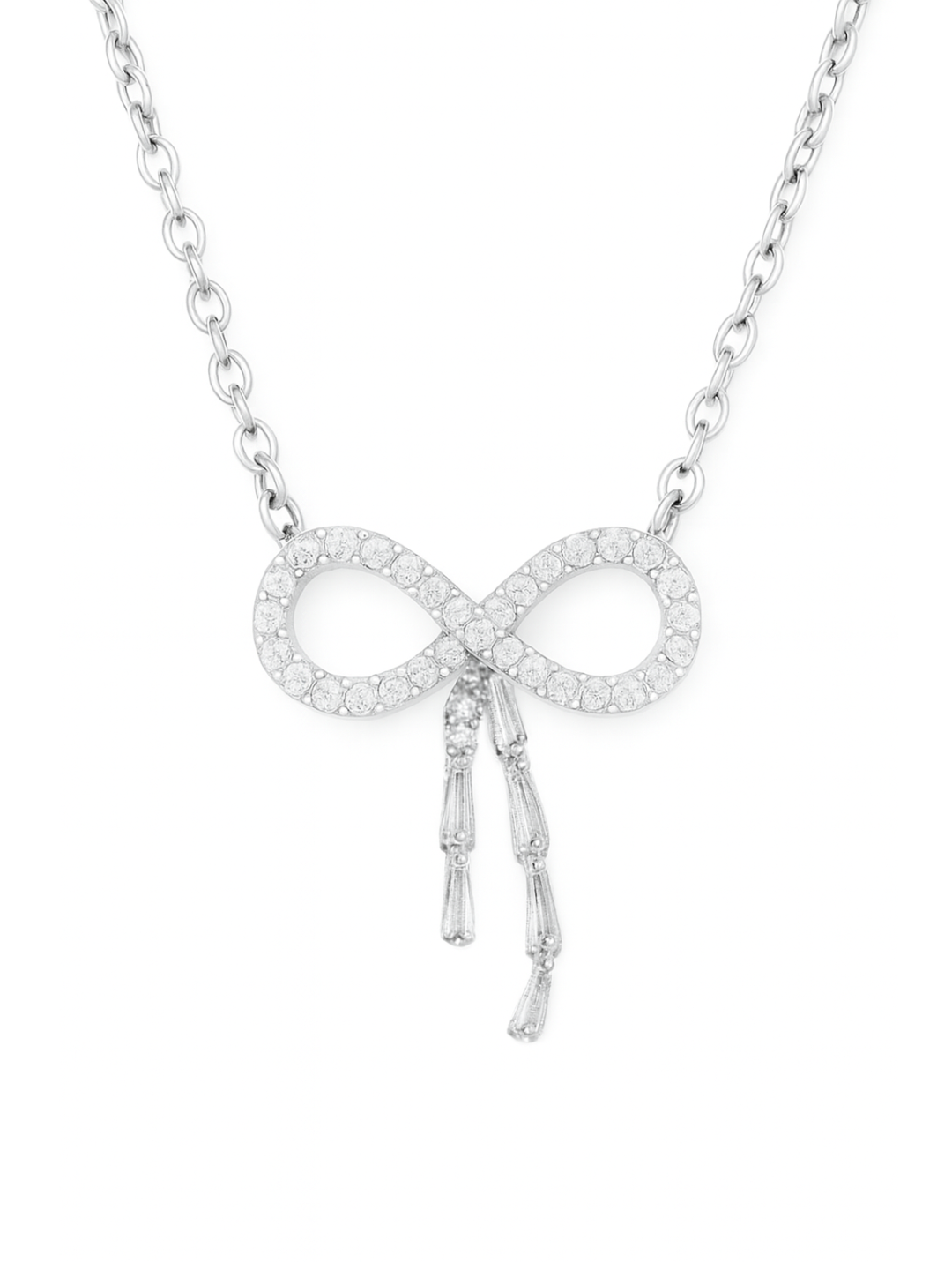 Infinity Bow 925 Sterling Silver Pendant Necklace with Dangling CZ Baguettes