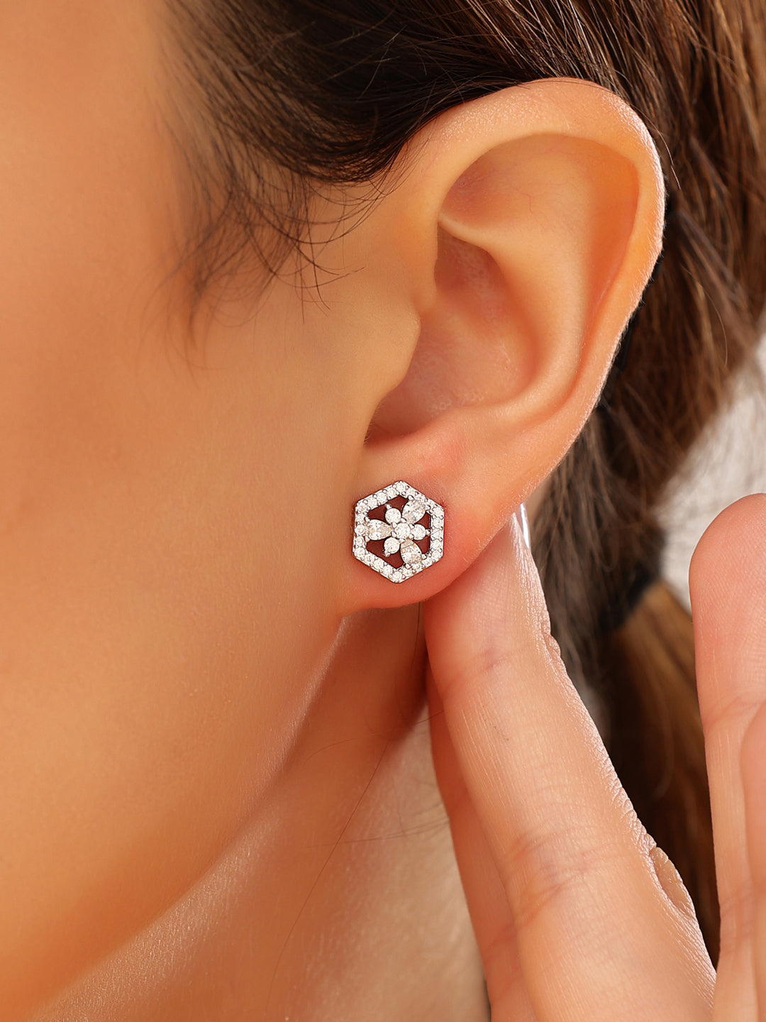 Silver Hexagonal Studs 925 Sterling Silver Earrings