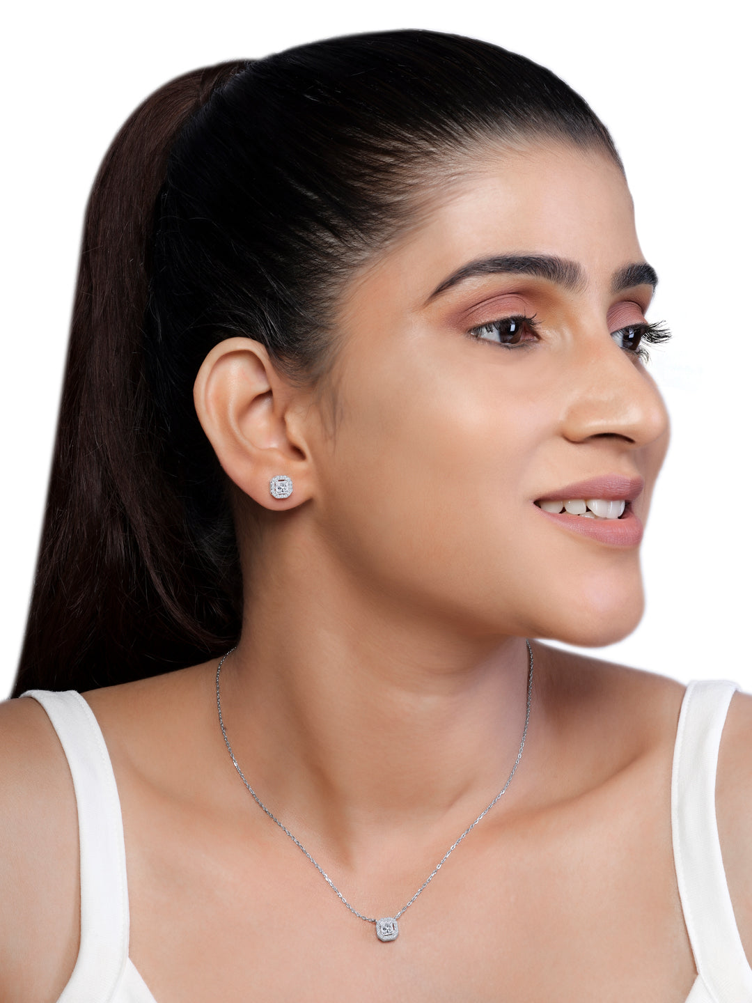 Silver Everyday Studded Solitare 925 Sterling Silver Necklace and Earring Set for women