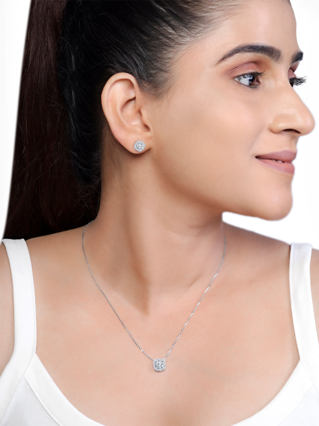 Silver Classic Studded Solitare 925 Sterling Silver Necklace and Earring Set