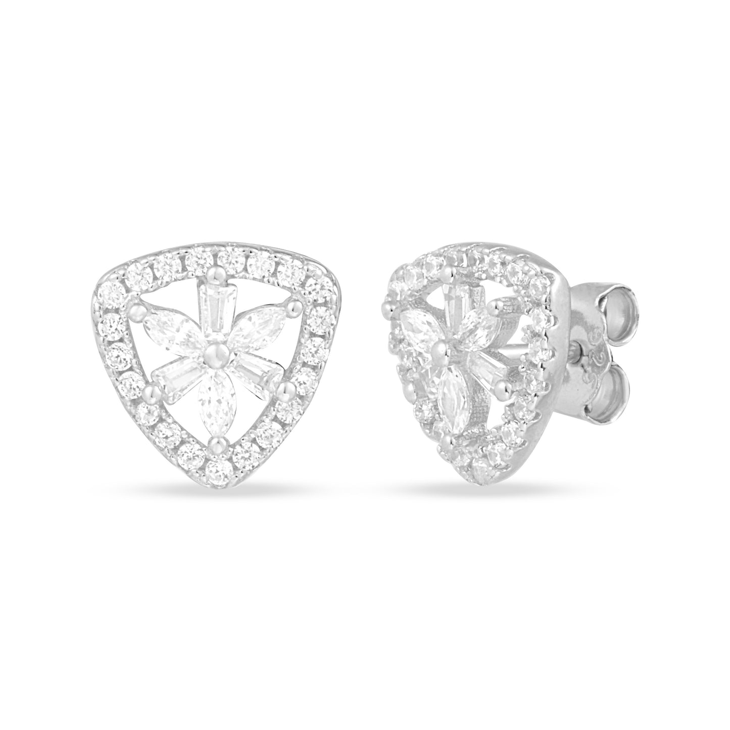 Silver Floral Triangle Studs 925 Sterling Silver Earrings