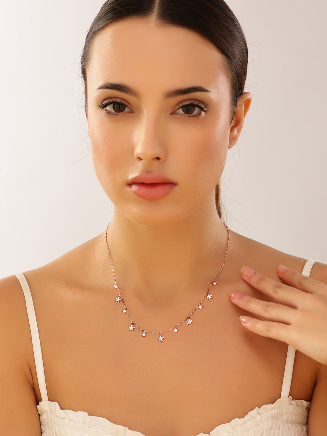 Rose Gold Studded Star Light Charm 925 Sterling Silver Necklace