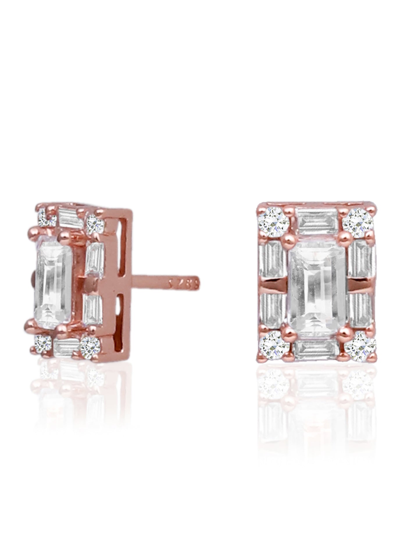 Rose Gold Baguette Rectangle Studs 925 Sterling Silver Earrings