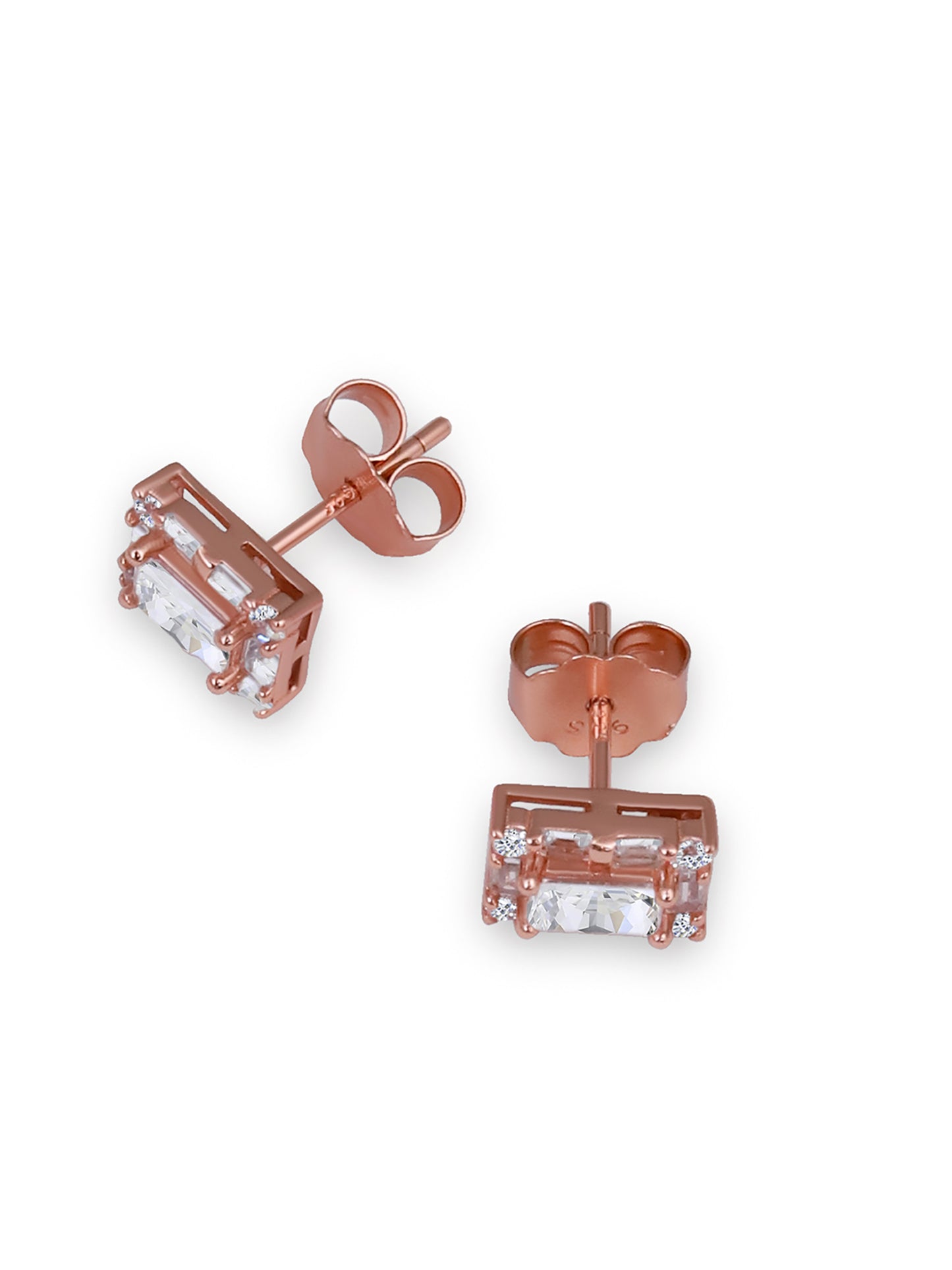 Rose Gold Baguette Rectangle Studs 925 Sterling Silver Earrings