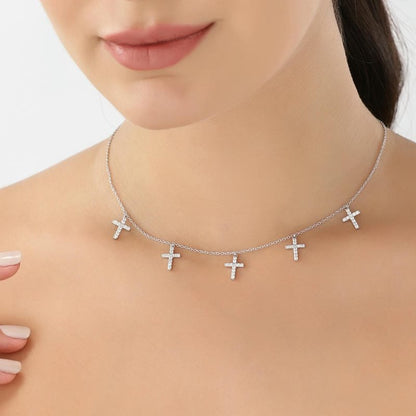 Rose Gold Holy Cross Studded Charm 925 Sterling Silver Necklace