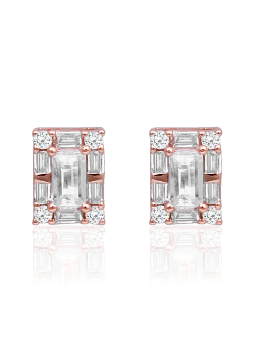 Rose Gold Baguette Rectangle Studs 925 Sterling Silver Earrings