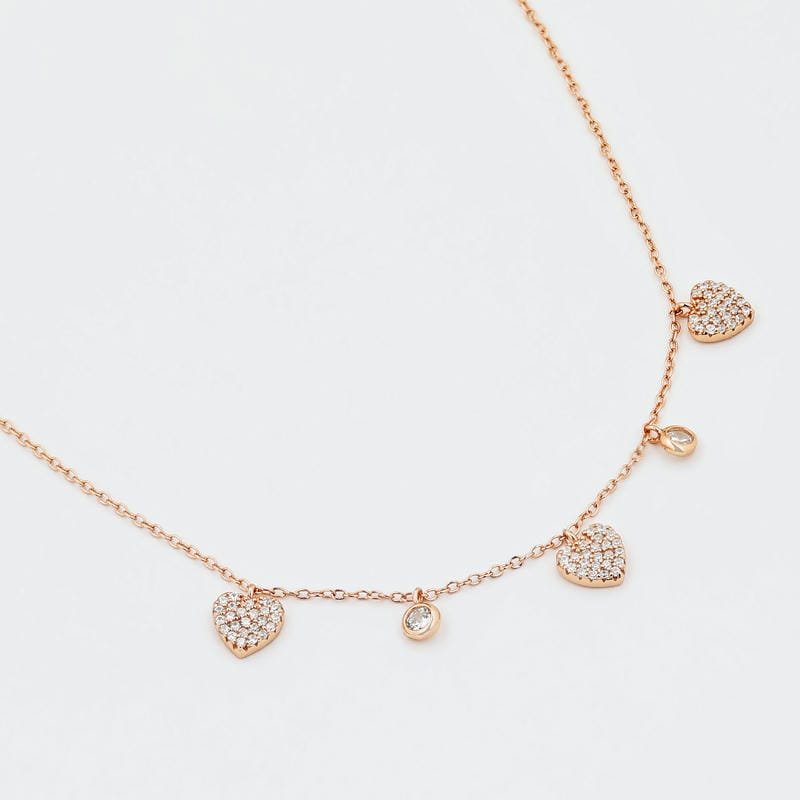 Silver Studded Three Heart Rose Gold 925 Sterling Silver Necklace