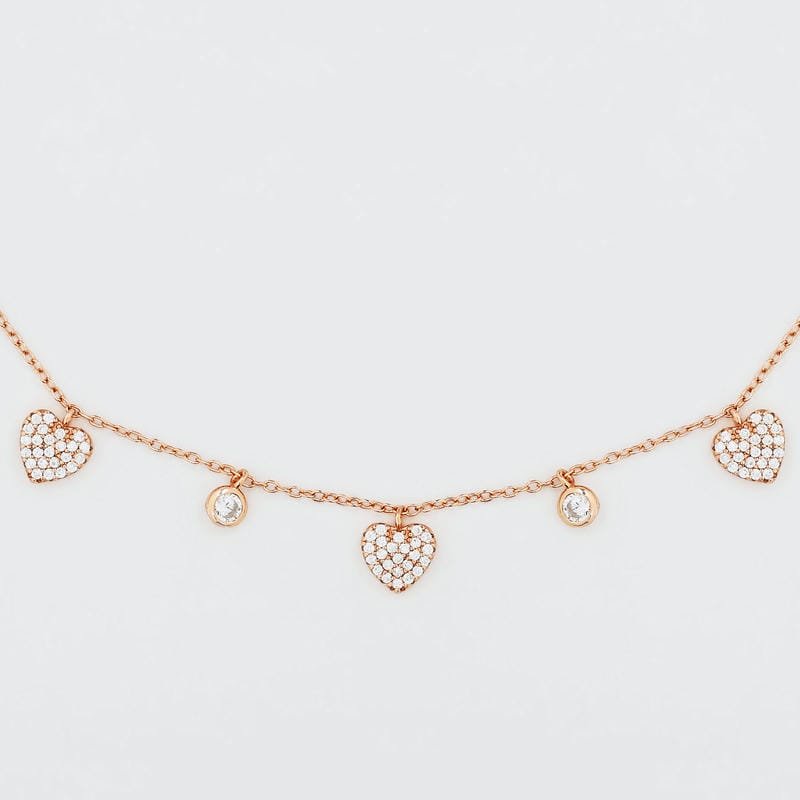 Silver Studded Three Heart Rose Gold 925 Sterling Silver Necklace