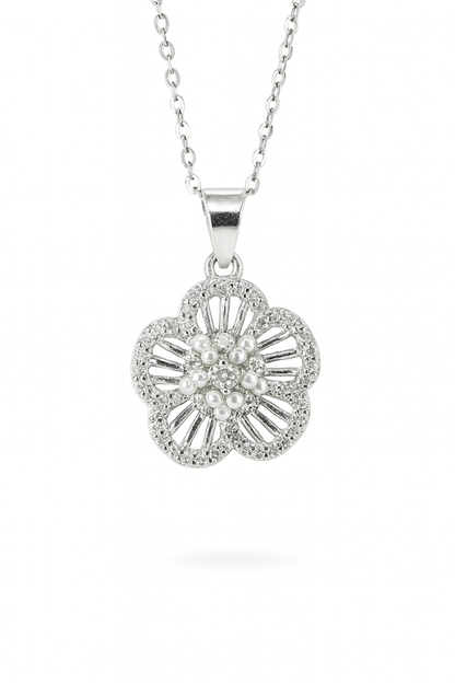 Radiant Blossom 925 Sterling Silver Floral Pendant with CZ Stones