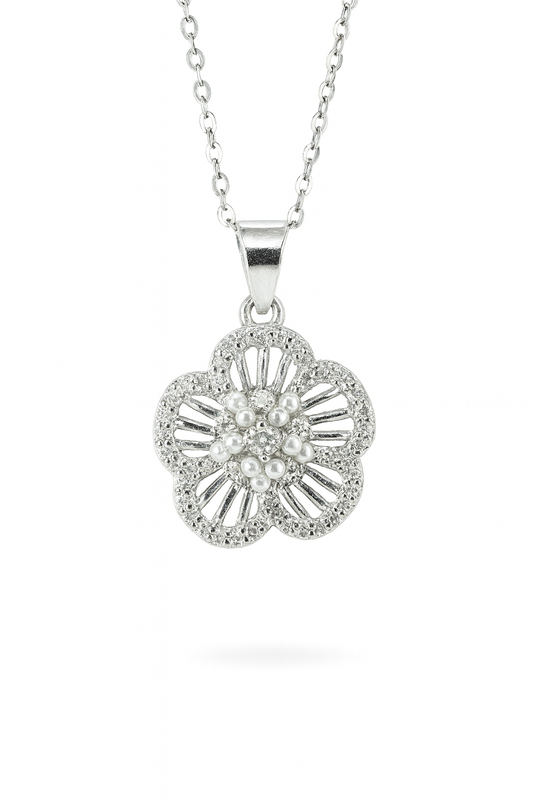 Radiant Blossom 925 Sterling Silver Floral Pendant with CZ Stones