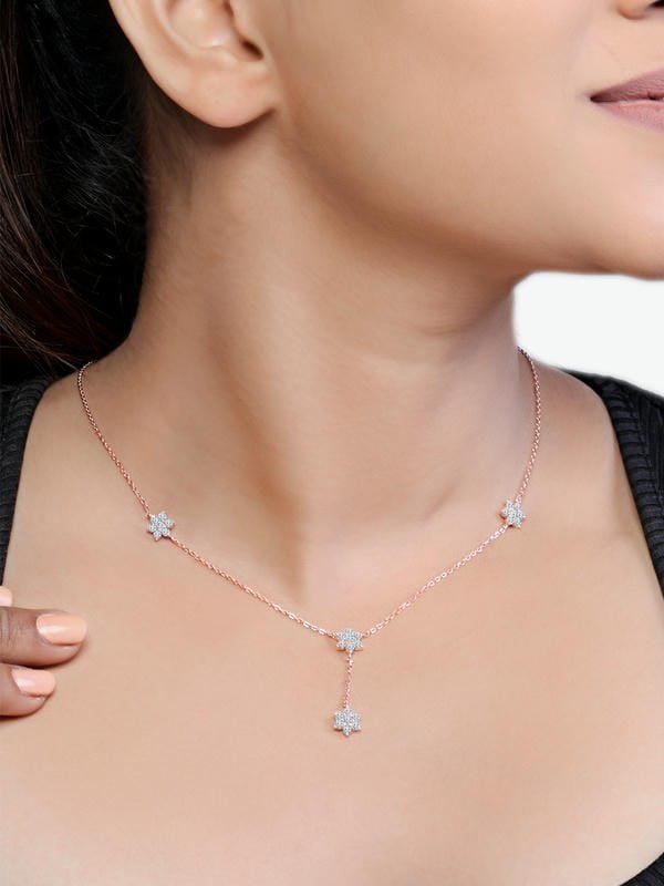 Rose Gold Floral Drop Y 925 Sterling Silver Necklace