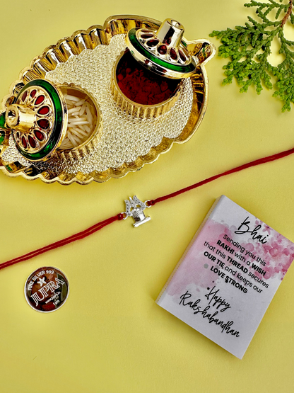 925 Sterling Silver Shiva Rakhi with silver coin, chocolate and roli chawal plate