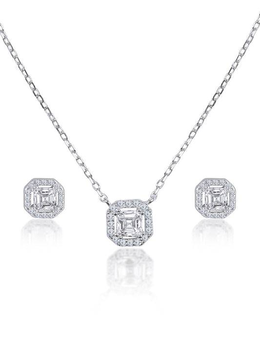 Silver Everyday Studded Solitare 925 Sterling Silver Necklace and Earring Set