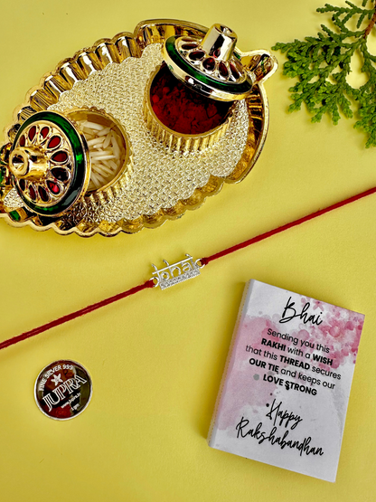 925 Sterling Silver Bhai Brother Rakhi with silver coin, chocolate and roli chawal plate