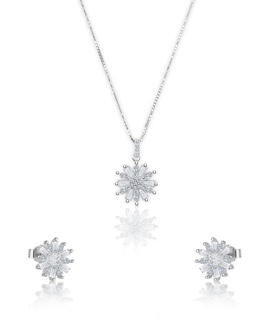 Silevr Dazzling Floral 925 Sterling Silver Necklace and Earring Set