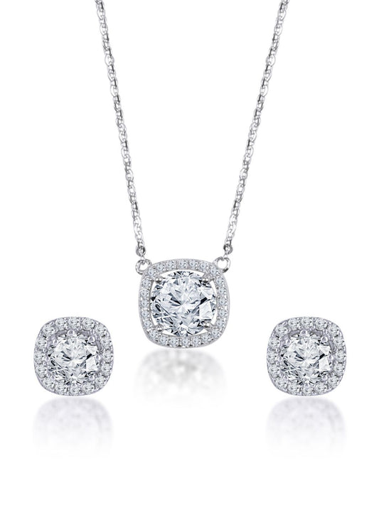 Silver Classic Studded Solitare 925 Sterling Silver Necklace and Earring Set