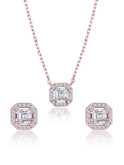 Rose Gold Everyday Studded Solitare 925 Sterling Silver Necklace and Earring Set