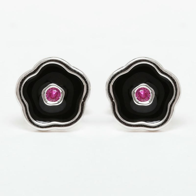 Silver Black Enamel Floral Studds925 Sterling Silver Earring