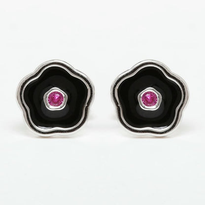 Silver Black Enamel Floral Studds925 Sterling Silver Earring