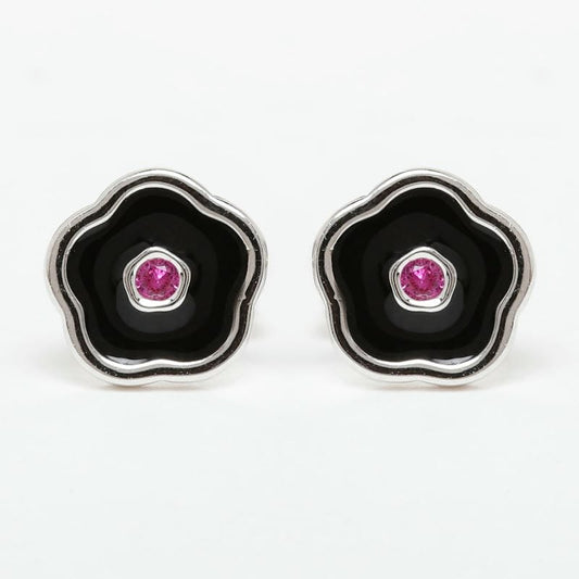 Silver Black Enamel Floral Studds925 Sterling Silver Earring