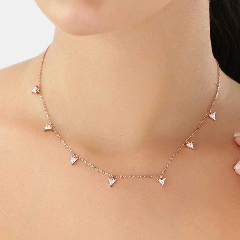 Rose Gold Multi Triangle Charm 925 Sterling Silver Necklace