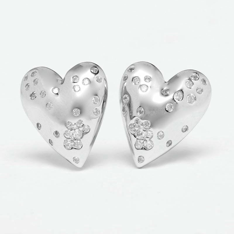 Silver Scattered Stone Heart Studds 925 Sterling Silver Earrings