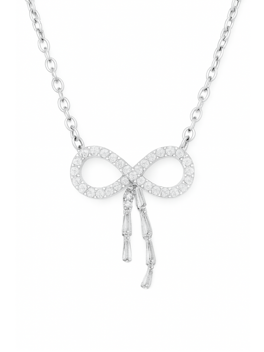 Infinity Bow 925 Sterling Silver Pendant Necklace with Dangling CZ Baguettes
