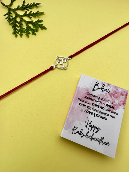 925 Sterling Silver Om Rakhi with silver coin, chocolate and roli chawal plate