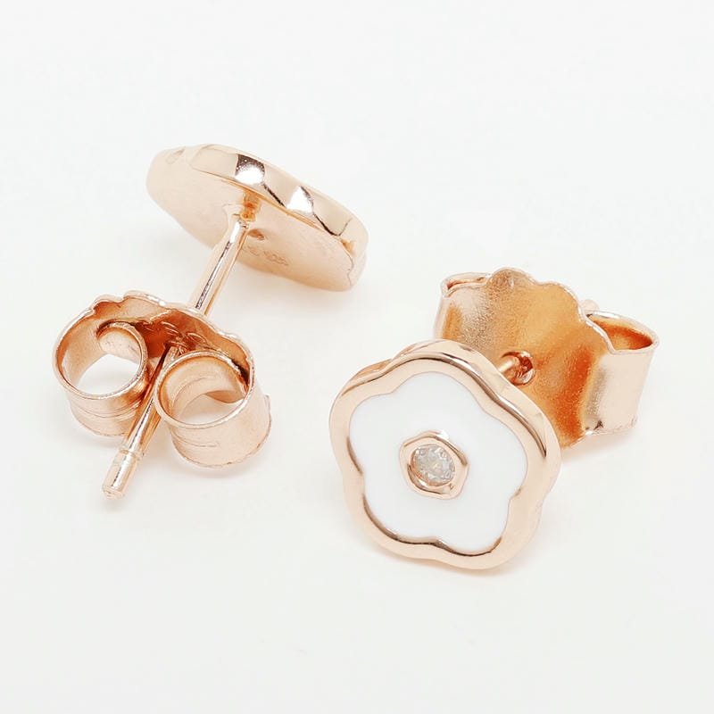 Rose Gold White Enamel Floral Studds 925 Sterling Silver Earrings