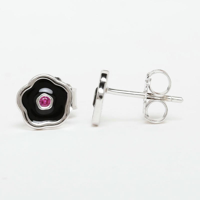 Silver Black Enamel Floral Studds925 Sterling Silver Earring