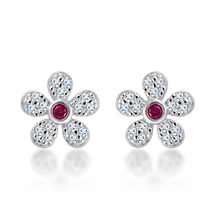 Silver Red Floral Studds 925 Sterling Silver Earrings