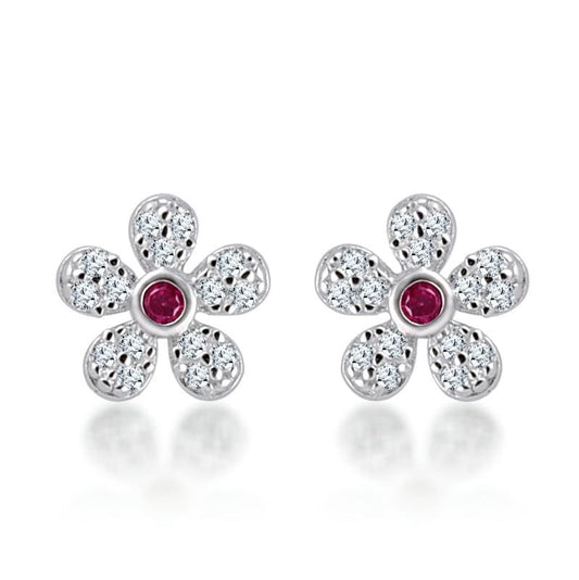 Silver Red Floral Studds 925 Sterling Silver Earrings