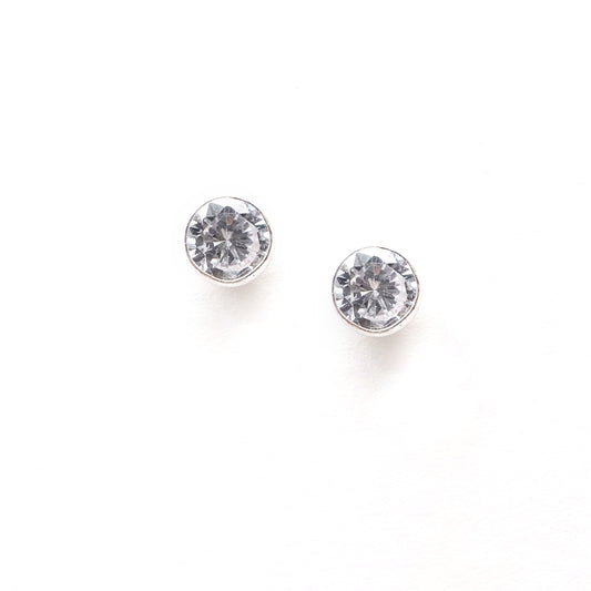 Classic Round Bezel Studded 925 Sterling Silver Earrings with South Screw (3mm)