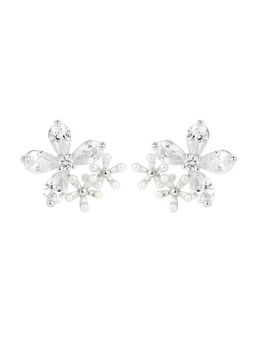 Three Pearl Blossom Floral 925 Sterling Silver Festive Studs Earrings