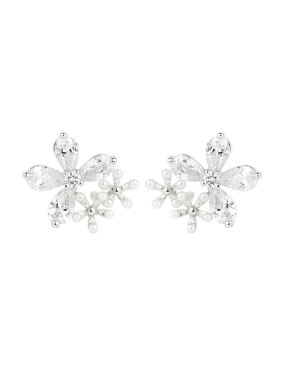 Three Pearl Blossom Floral 925 Sterling Silver Festive Studs Earrings