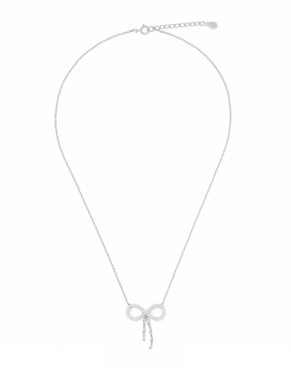 Infinity Bow 925 Sterling Silver Pendant Necklace with Dangling CZ Baguettes