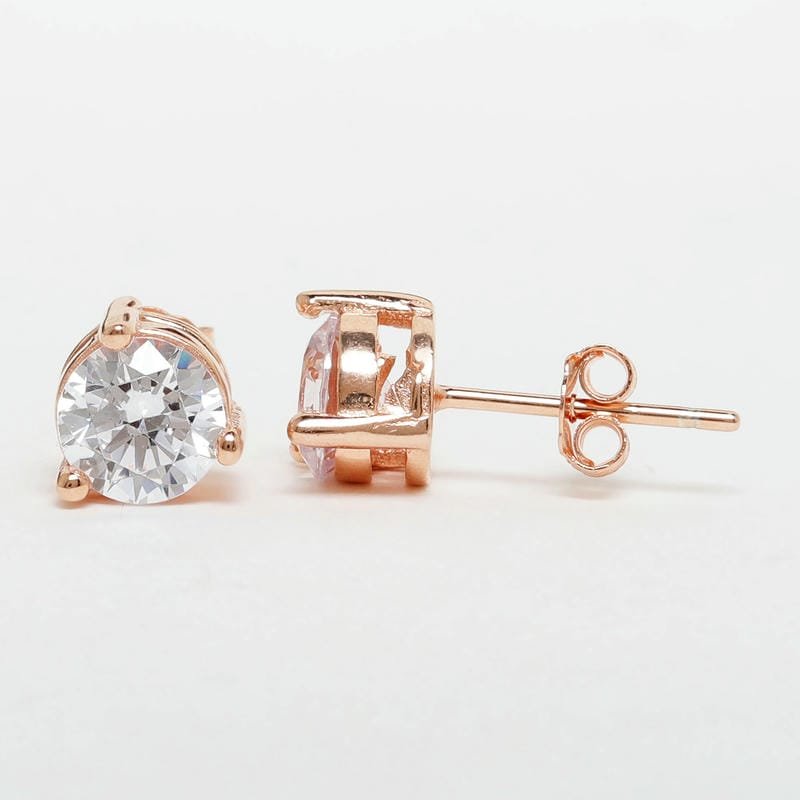 Rose Gold Classic Round Single Solitaire 925 Sterling Silver Earrings