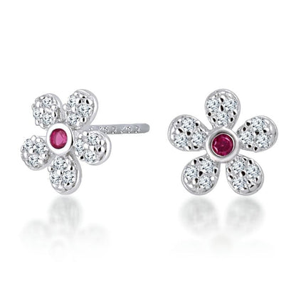 Silver Red Floral Studds 925 Sterling Silver Earrings