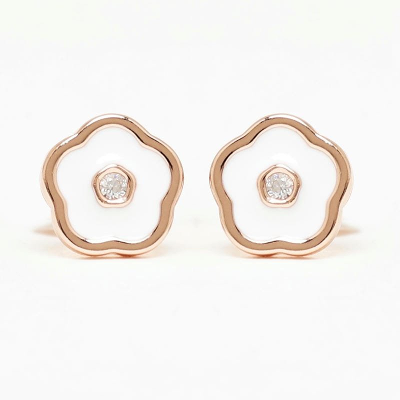 Rose Gold White Enamel Floral Studds 925 Sterling Silver Earrings