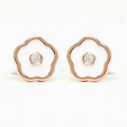 Rose Gold White Enamel Floral Studds 925 Sterling Silver Earrings